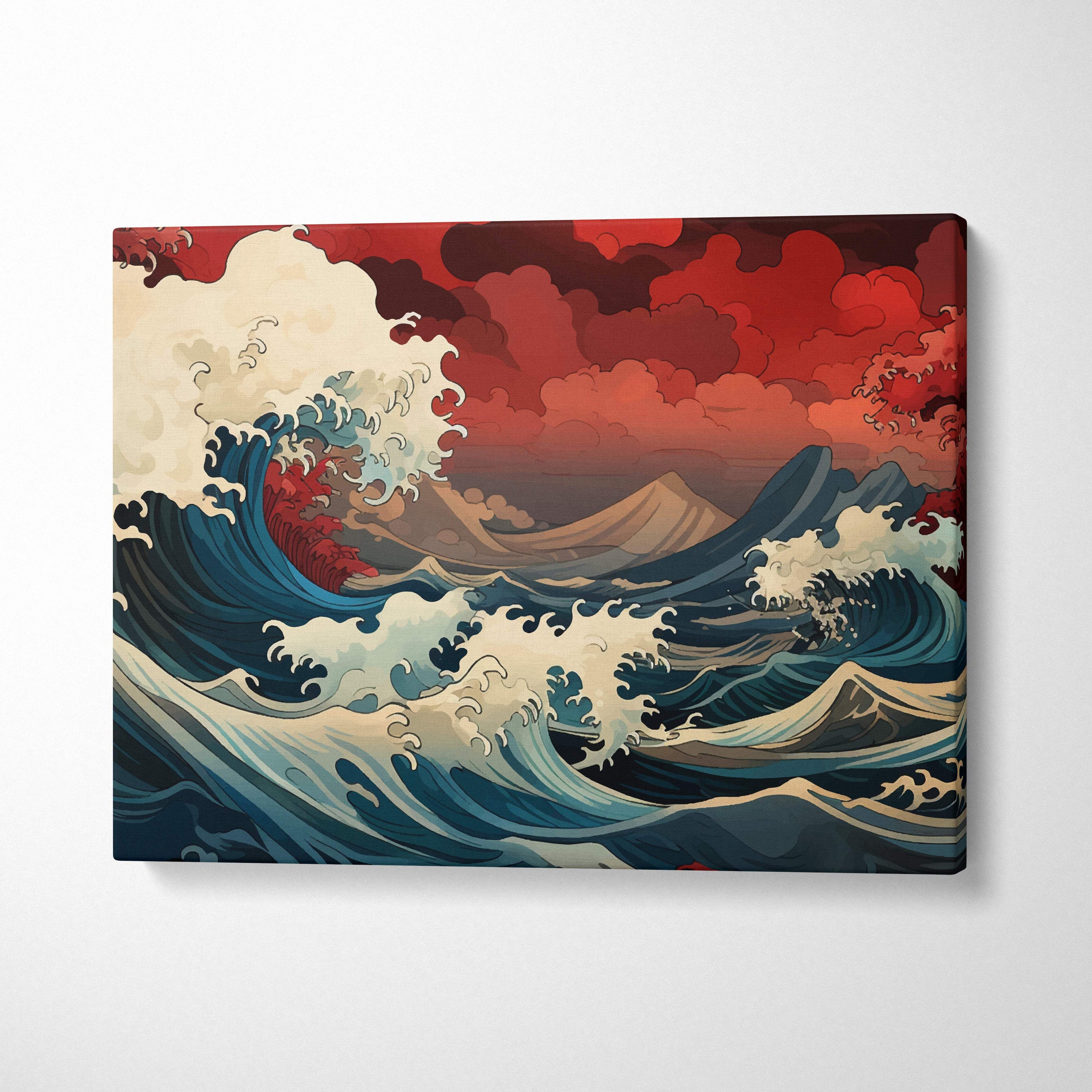 A vibrant great wave ocean canvas wall art with deep blues reds and stylized wave design for living room decor