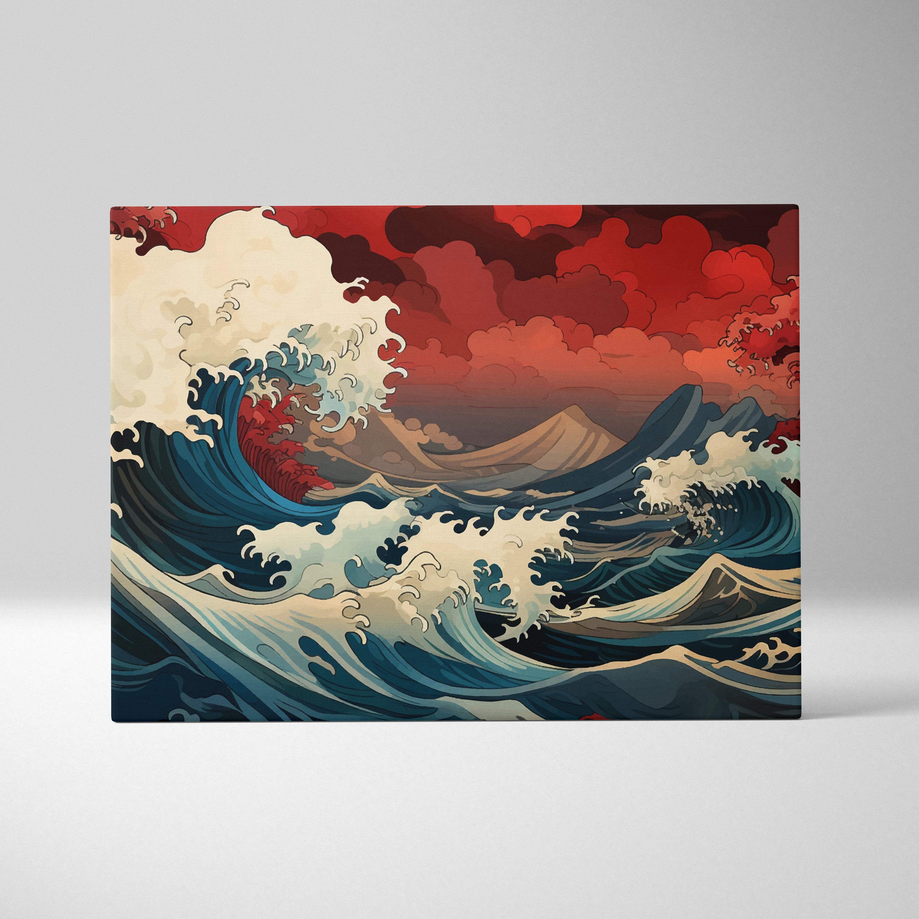 Great wave ocean canvas wall art featuring vibrant red and deep blue waves with a stylized Mount Fuji backdrop
