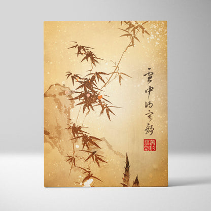 A rectangular gold bamboo canvas wall art featuring traditional sepia ink wash painting and chinese calligraphy on warm background