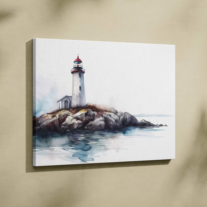 Watercolor canvas print of white lighthouse with red accents on rocky shore