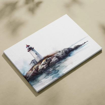 White canvas watercolor lighthouse with red lantern on rocky shore in gray blue browns