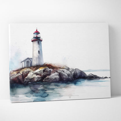 Watercolor canvas print of white lighthouse with red accents on rocky shore
