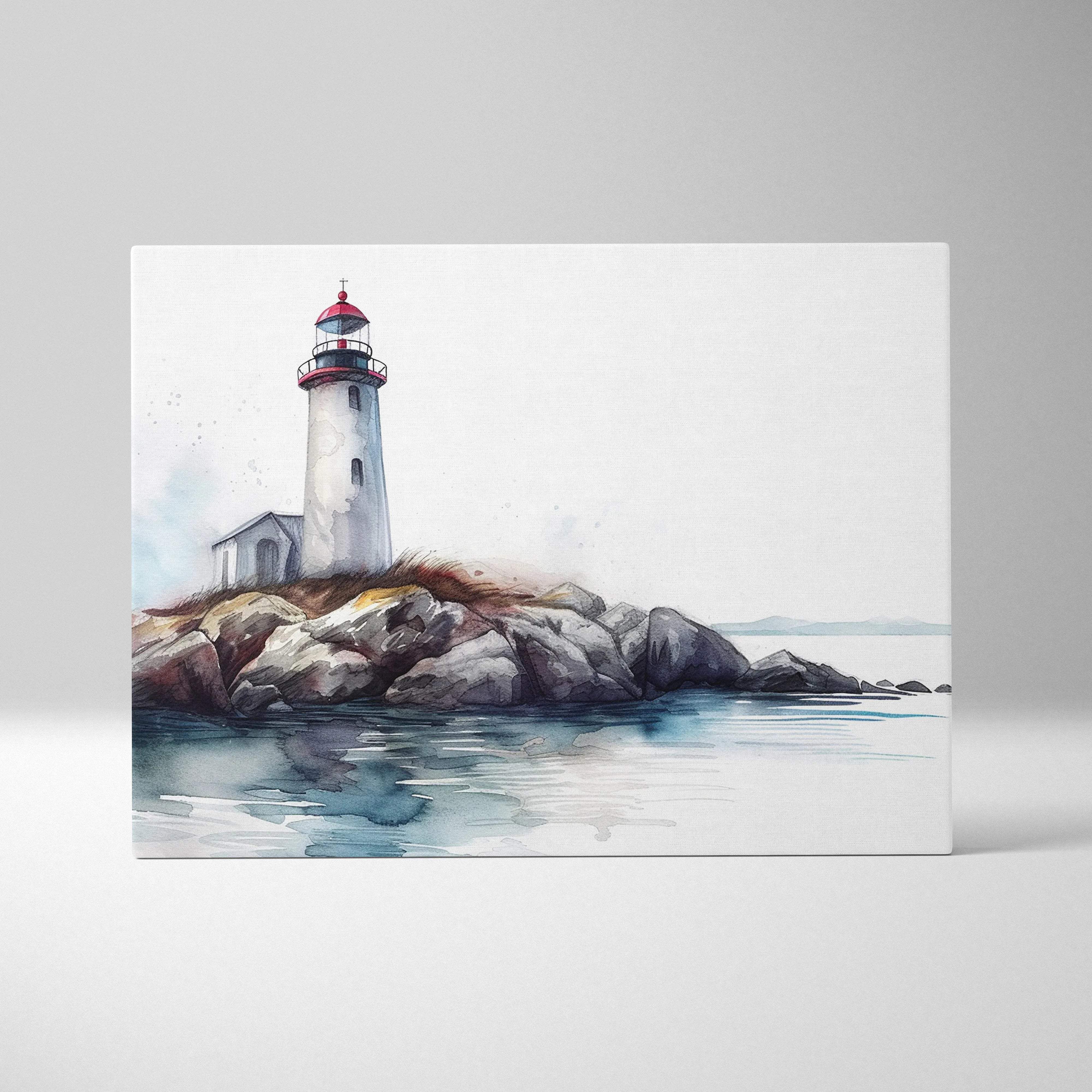 Watercolor canvas print of white lighthouse with red accents on rocky shore