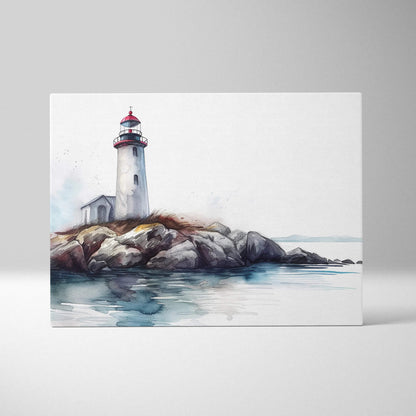 Watercolor canvas print of white lighthouse with red accents on rocky shore