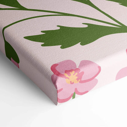 Seamless pink floral canvas wall art with green leafy vines on soft beige vintage botanical style