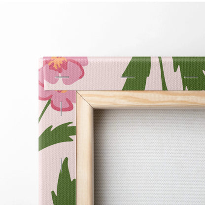 Seamless pink floral pattern canvas wall art with green leafy vines on beige