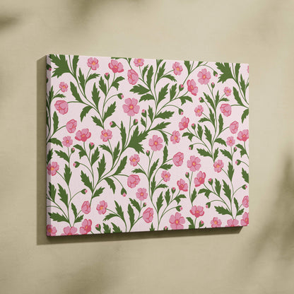 Seamless pink floral canvas wall art with green leafy vines on soft beige