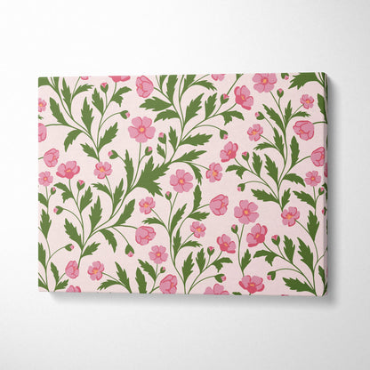 Seamless pink floral canvas wall art with green leafy vines on blush background