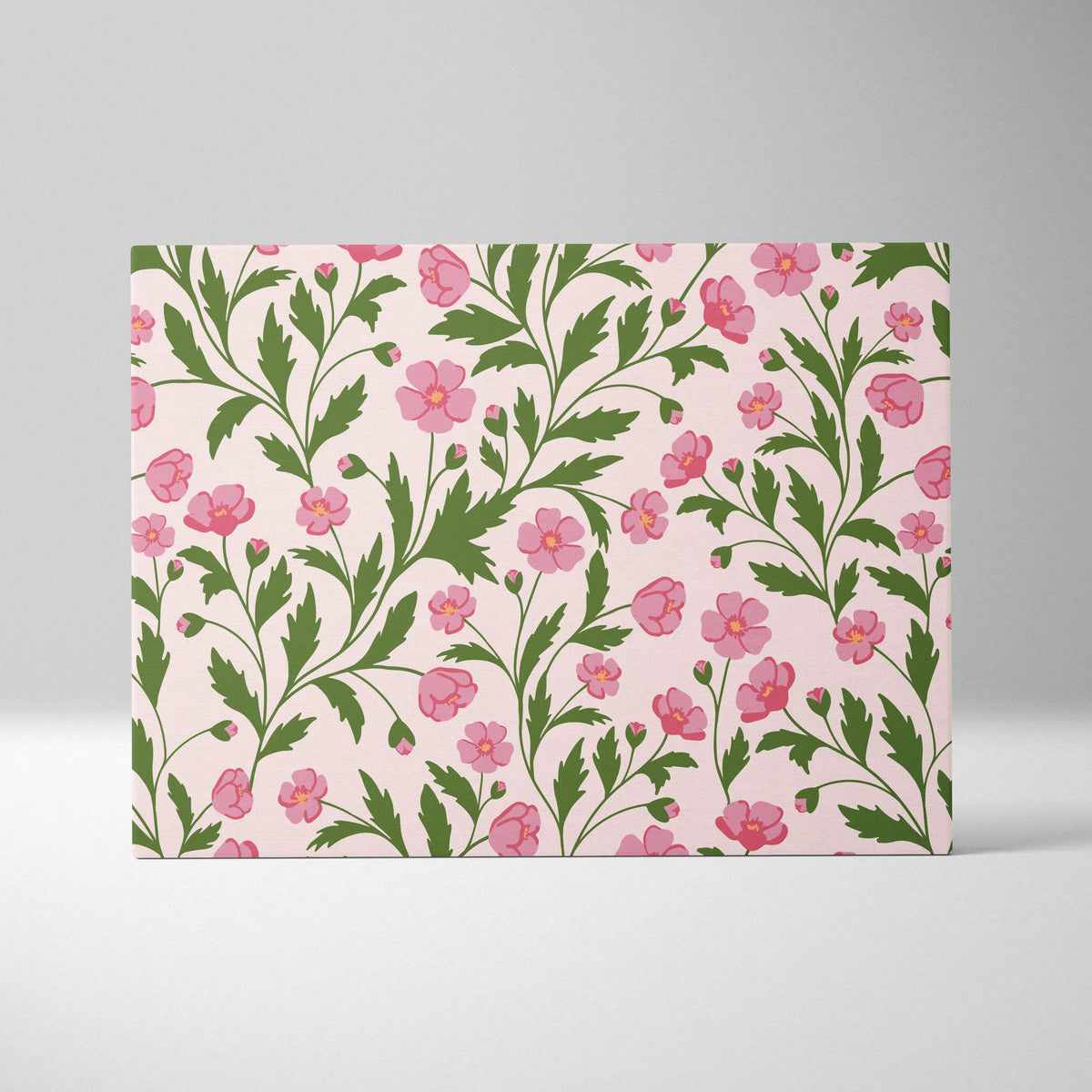 Seamless pink floral canvas wall art with green leafy vines on blush background
