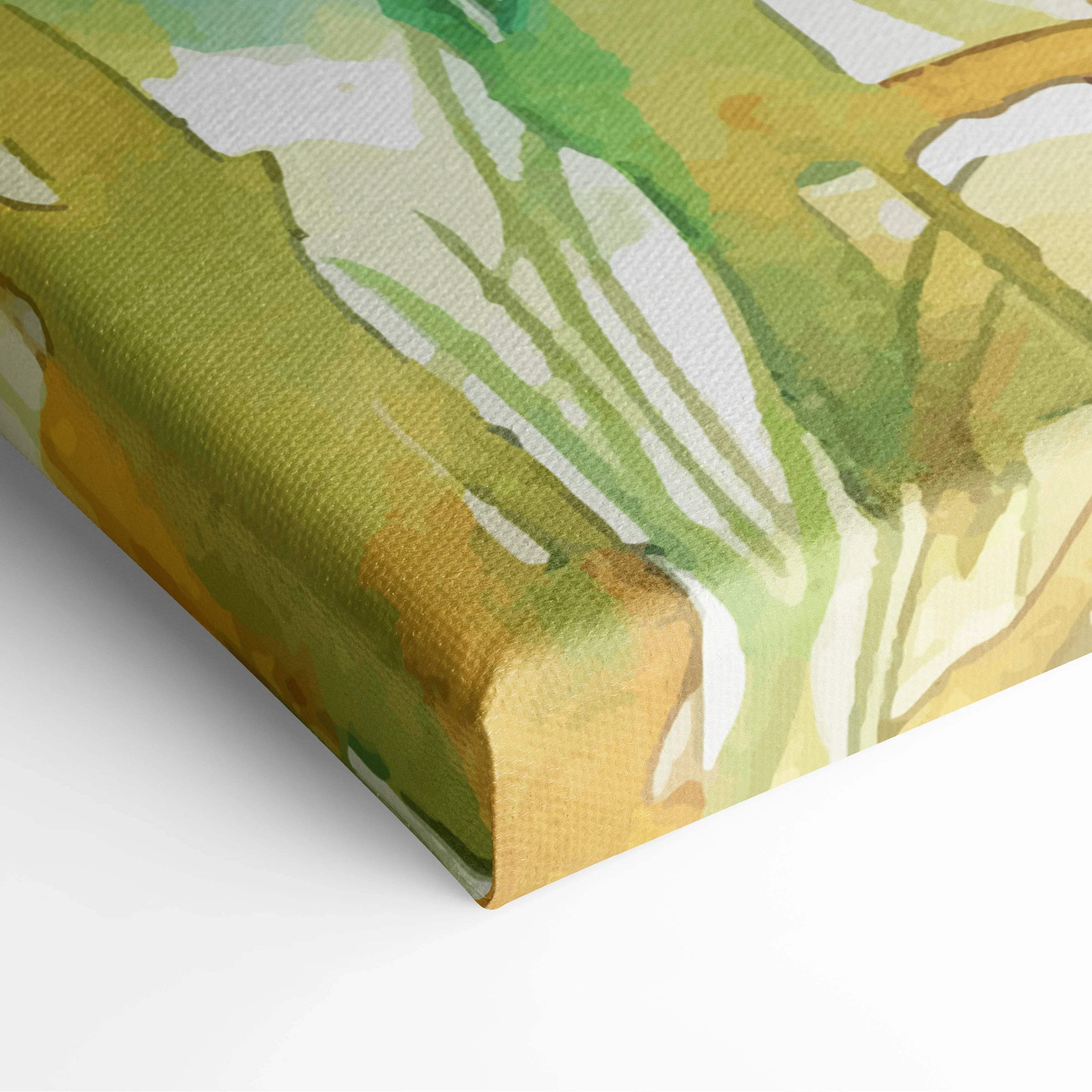 Watercolor wheat stalks canvas wall art with golden grains in soft blue green tones