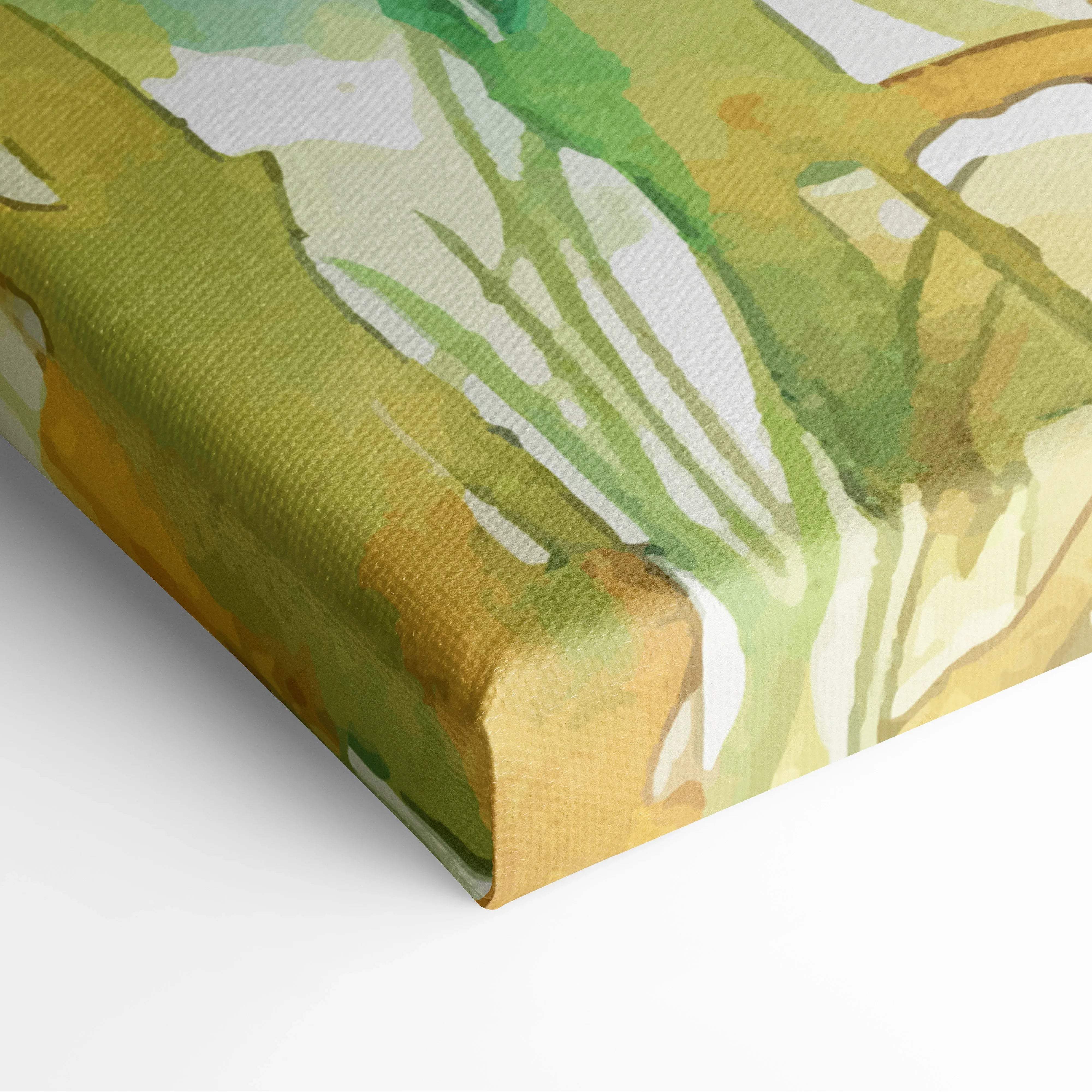 Watercolor wheat stalks canvas wall art with golden grains in soft blue green tones