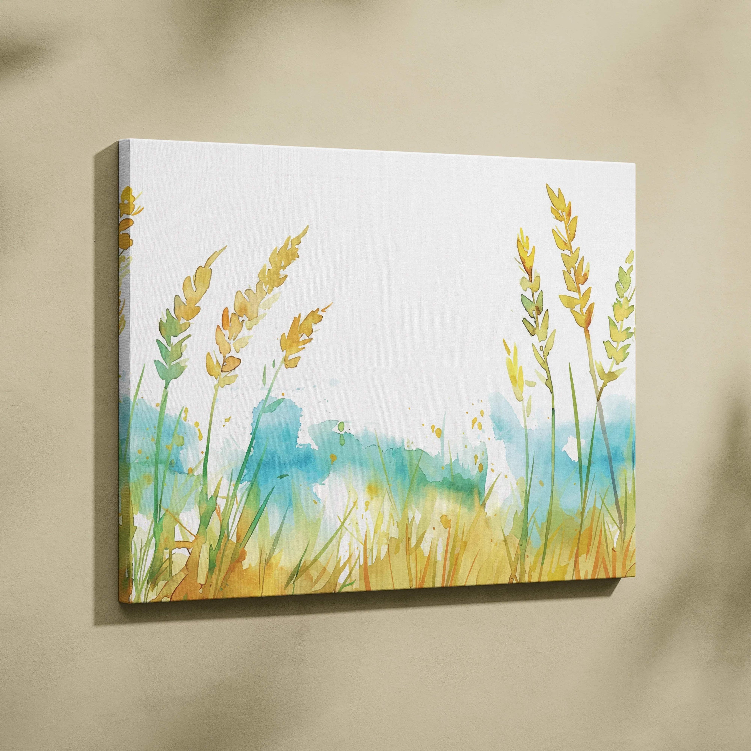 Watercolor wheat stalks canvas art with golden grains in soft blue green tones