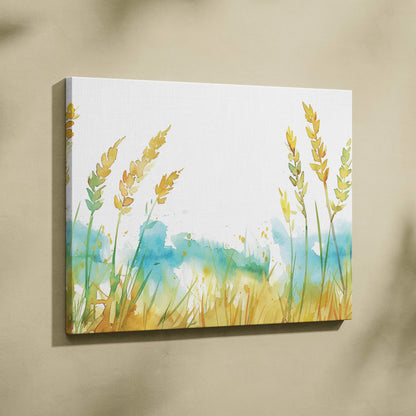 Watercolor wheat stalks canvas art with golden grains in soft blue green tones