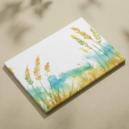 Watercolor wheat stalks canvas art with golden grains in soft blue green tones