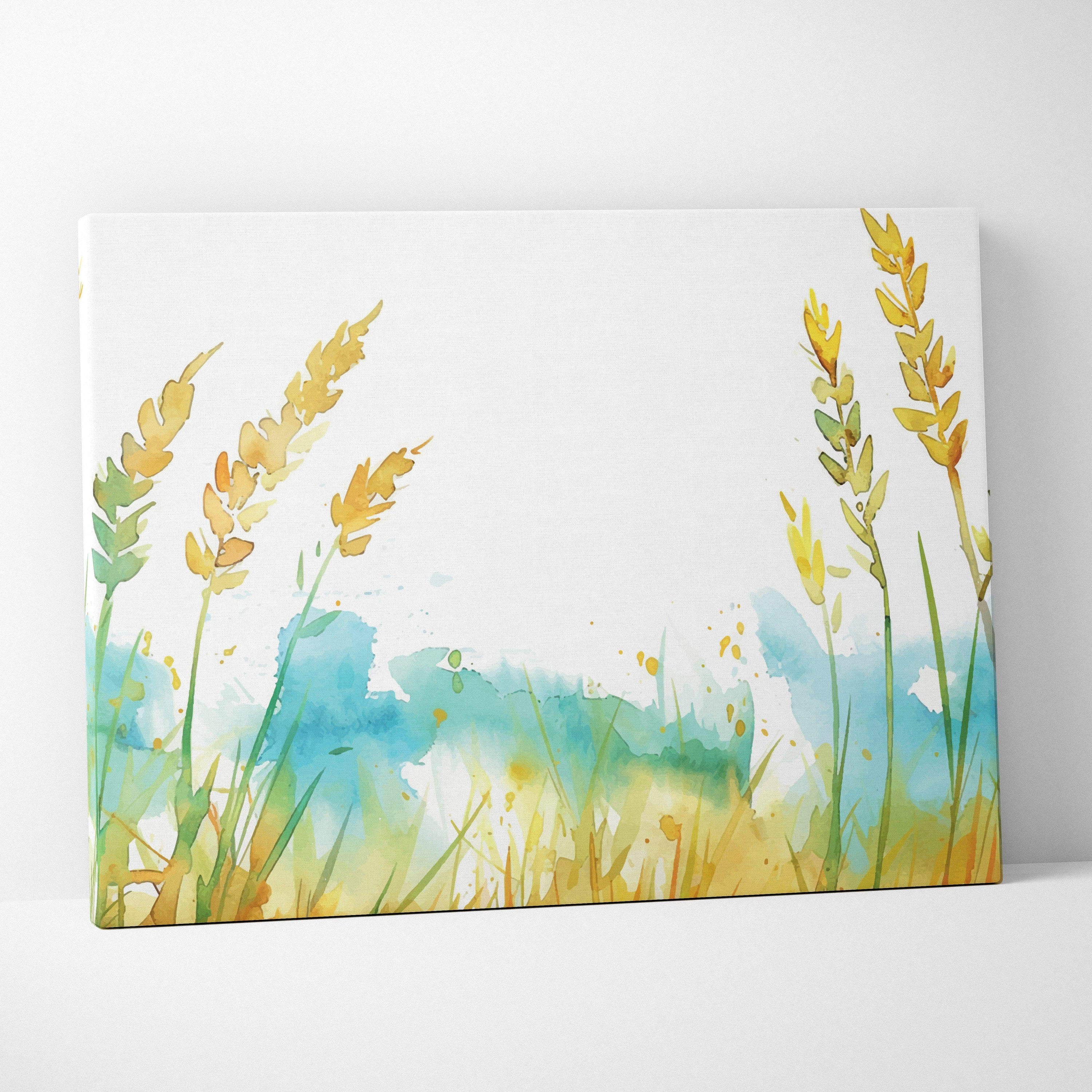 Watercolor wheat stalks canvas art with golden green grasses on blue tones