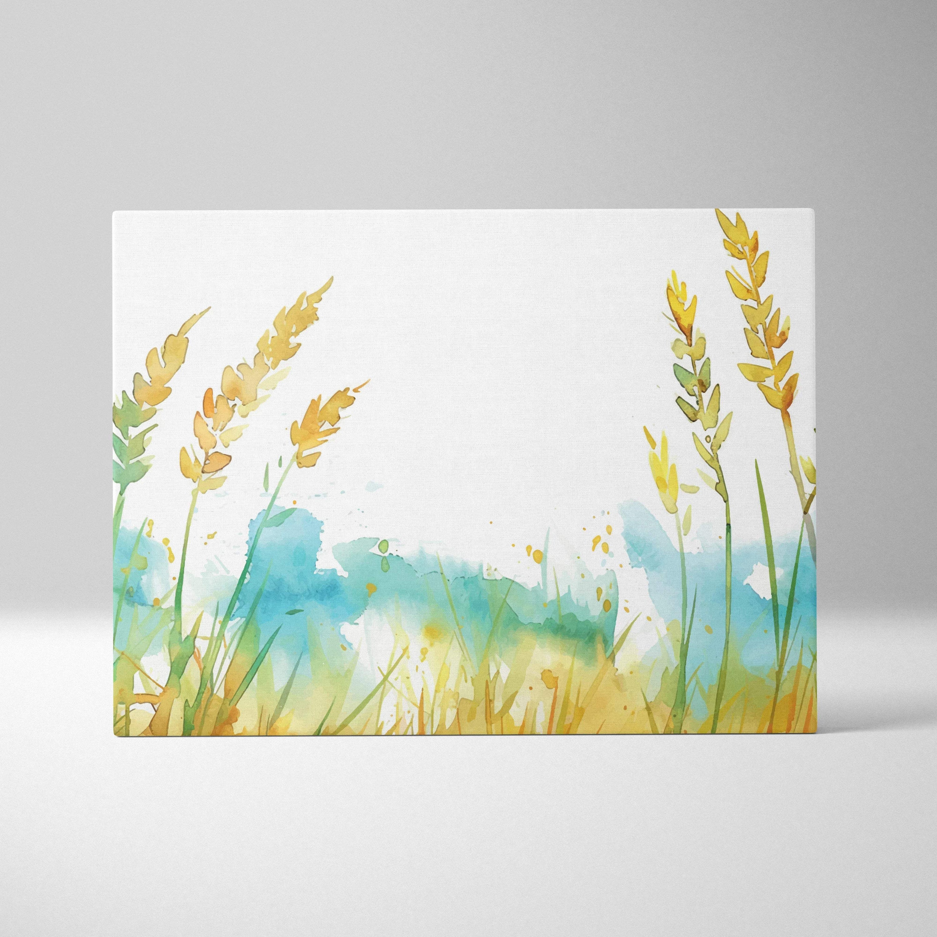 Watercolor wheat stalks canvas art with golden grains in soft blue tones