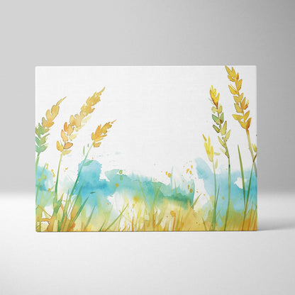 Watercolor wheat stalks canvas art with golden grains in soft blue tones
