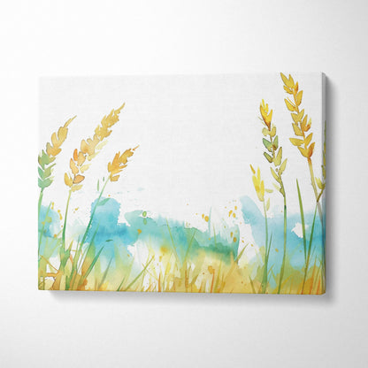 Watercolor wheat stalks canvas art with golden grasses in soft blue tones
