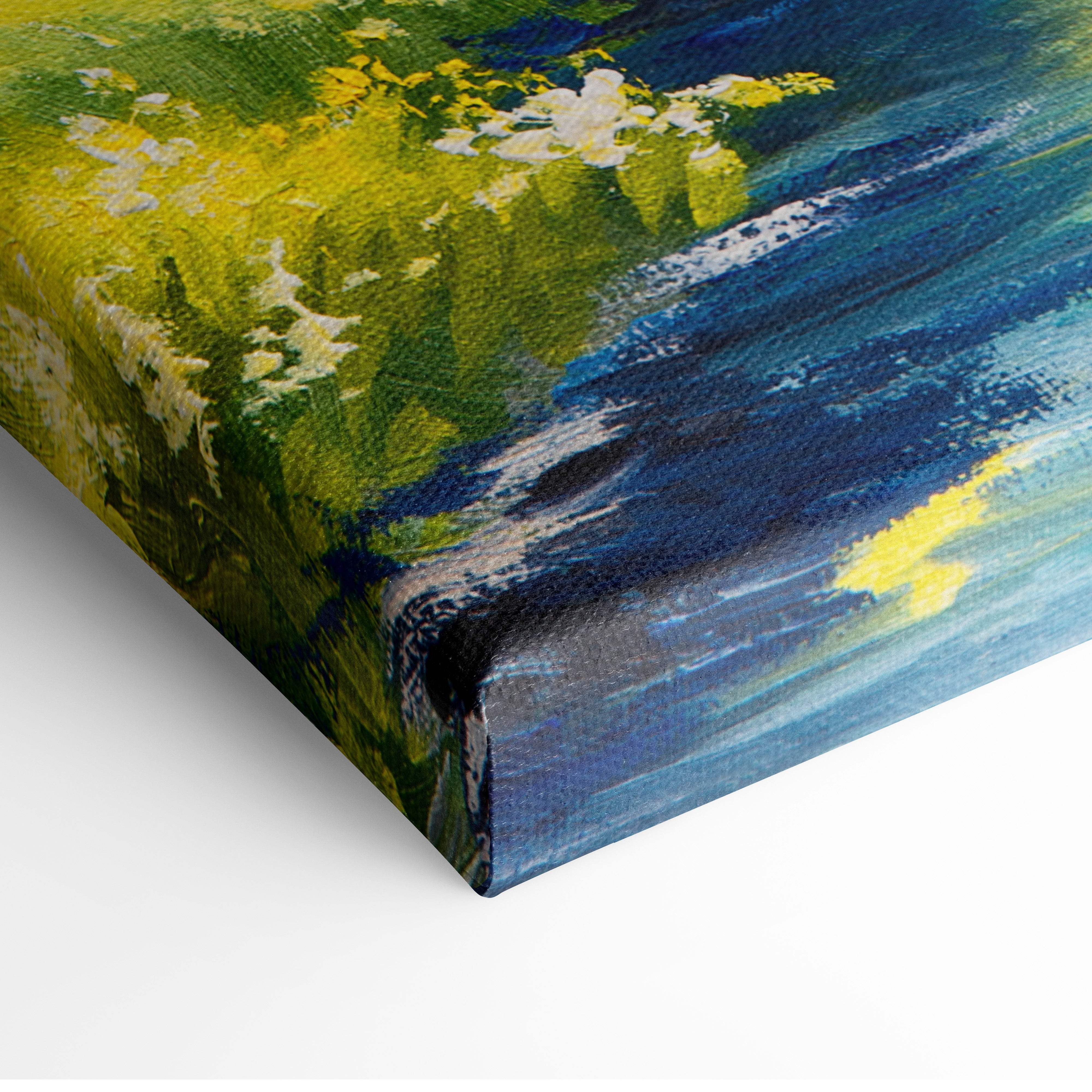 Yellow green birch forest canvas wall art painting with bold green yellow and blue strokes for living room decor