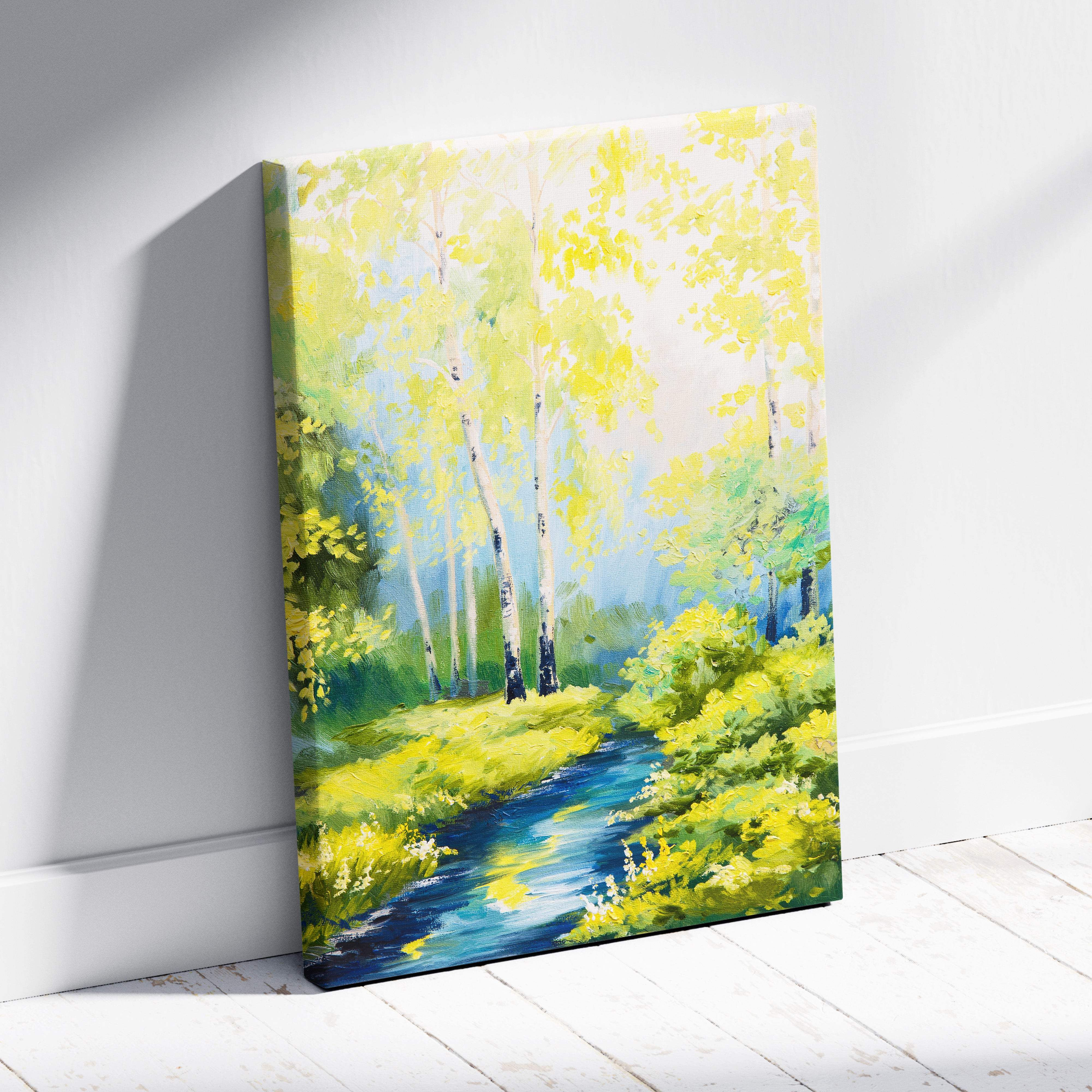 Vibrant canvas wall art painting of a yellow green birch forest with a bright blue stream for living room decor