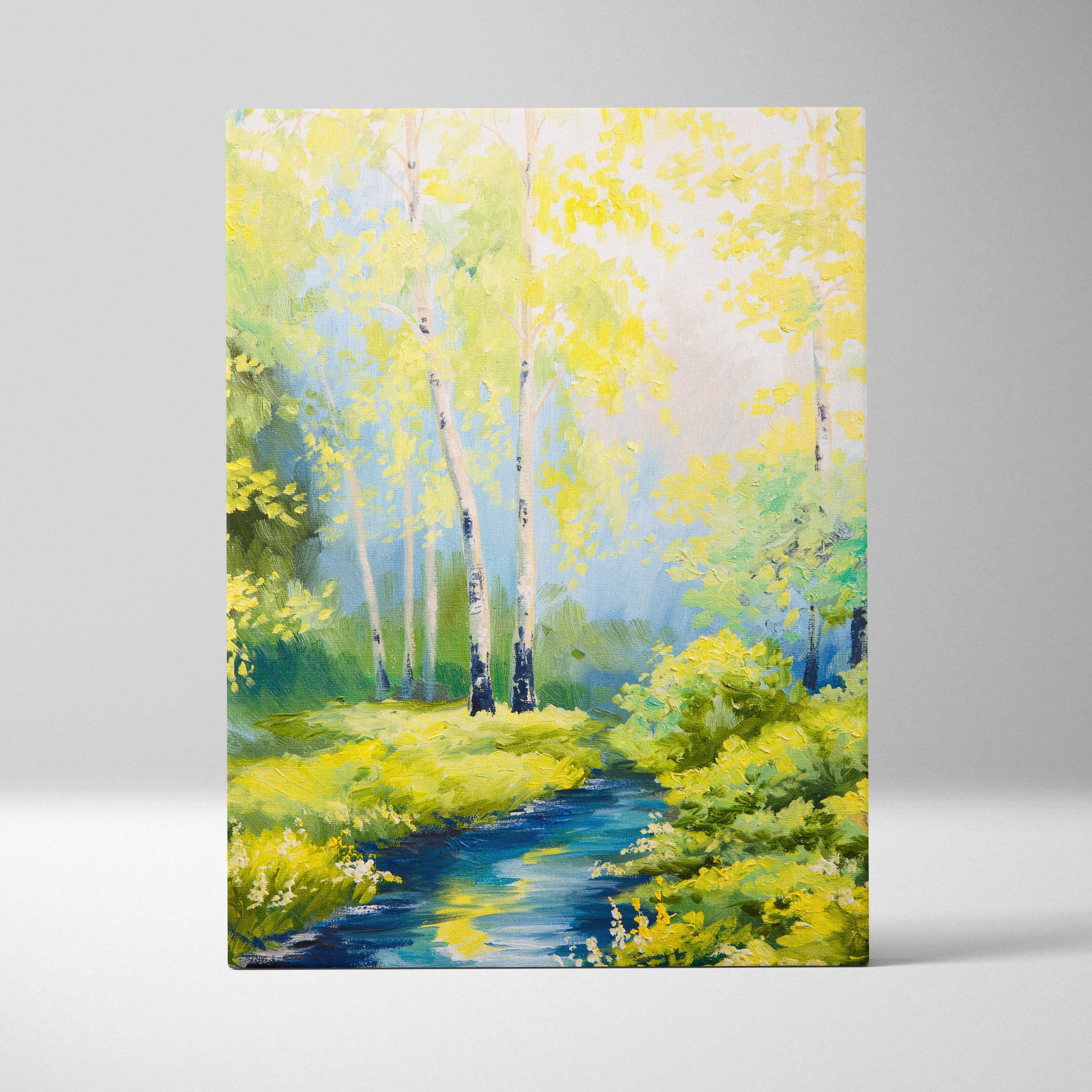 A vibrant impressionist canvas wall art of a yellow green birch forest with a bright blue winding stream