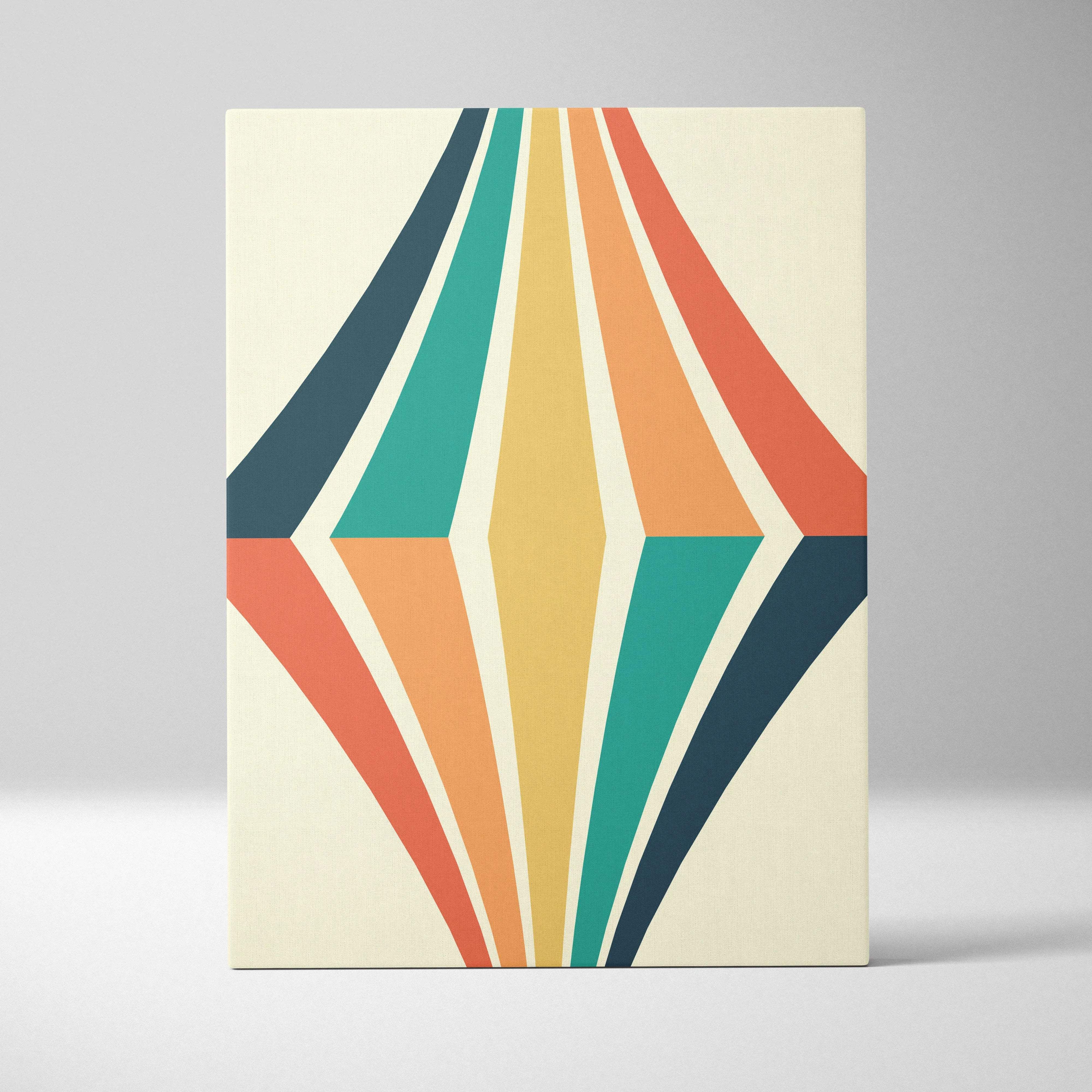Retro geometric diamond wall art with curved teal orange stripes on canvas