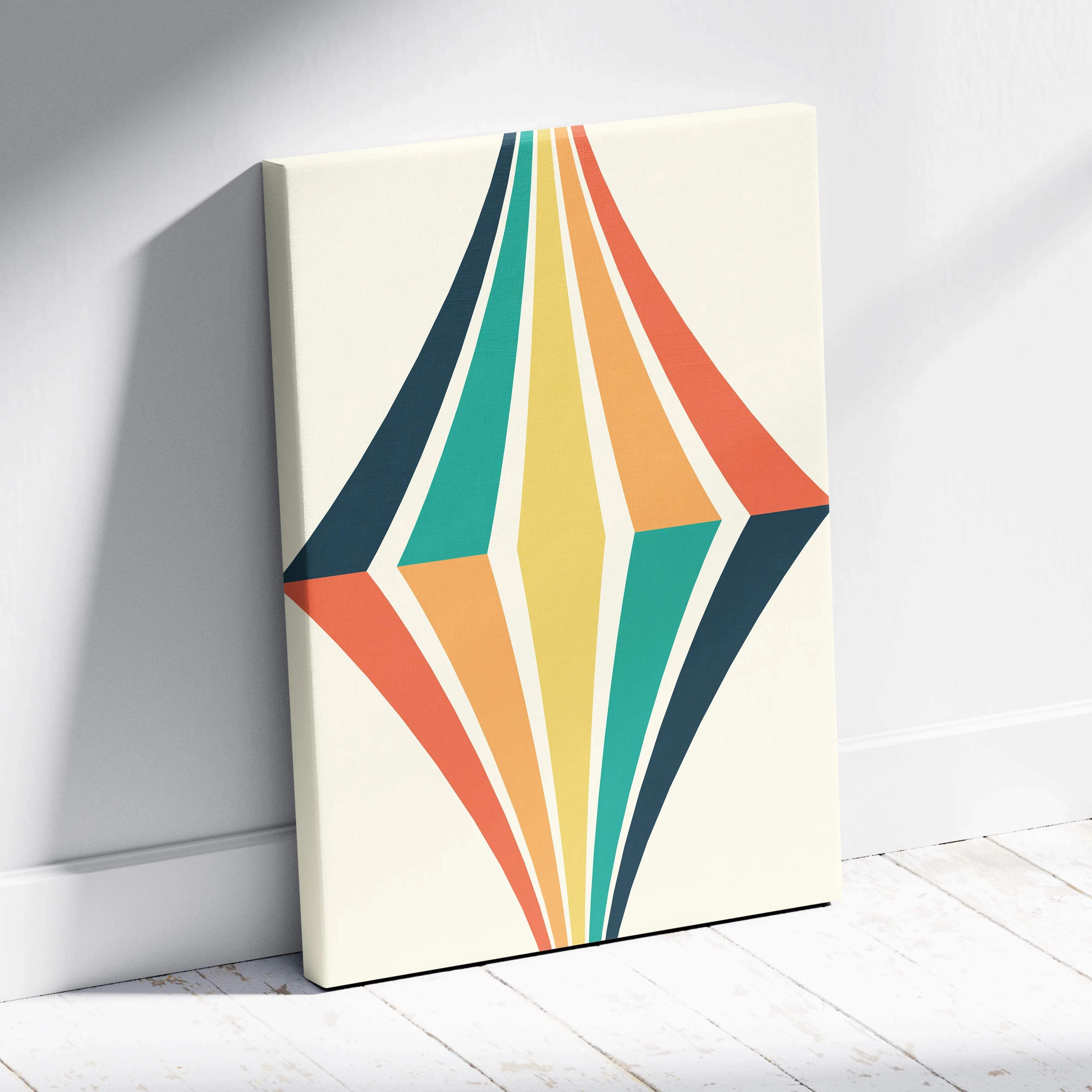 Retro geometric diamond wall art with curved teal orange stripes on cream canvas