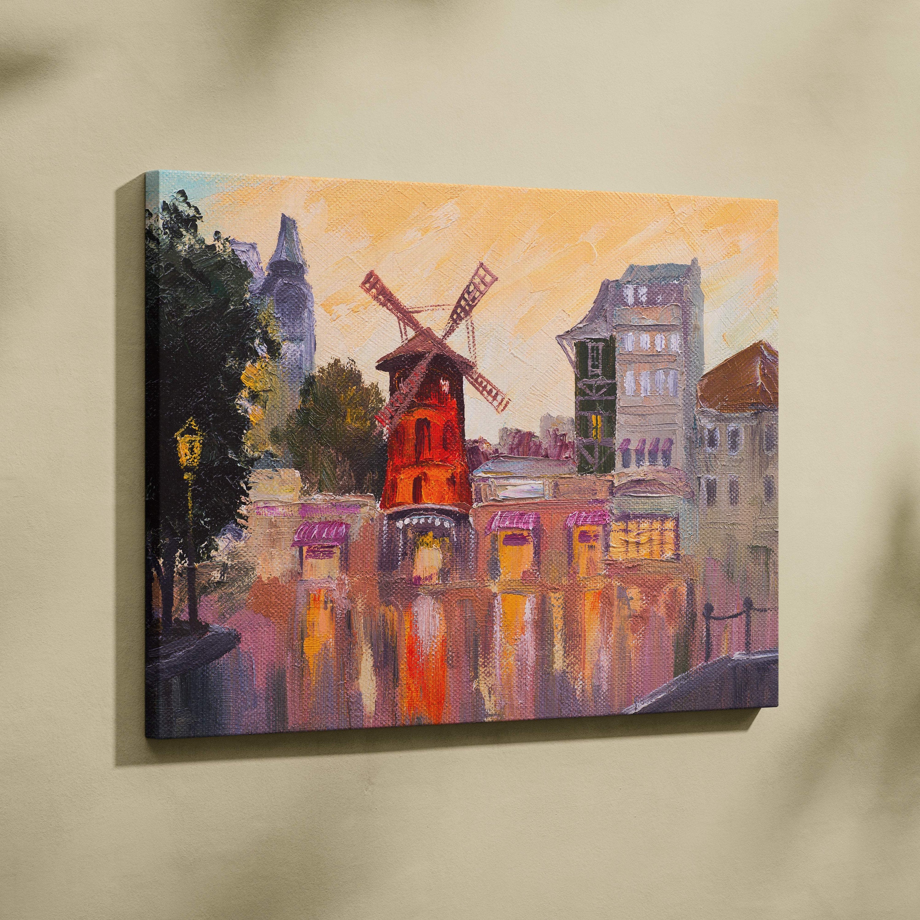 Paris windmill canvas wall art print featuring a vibrant red windmill and european buildings under an orange sky