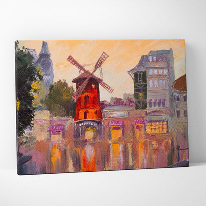 Vibrant orange windmill canvas wall art print with textured brushstrokes in warm sunset hues for french cafe decor
