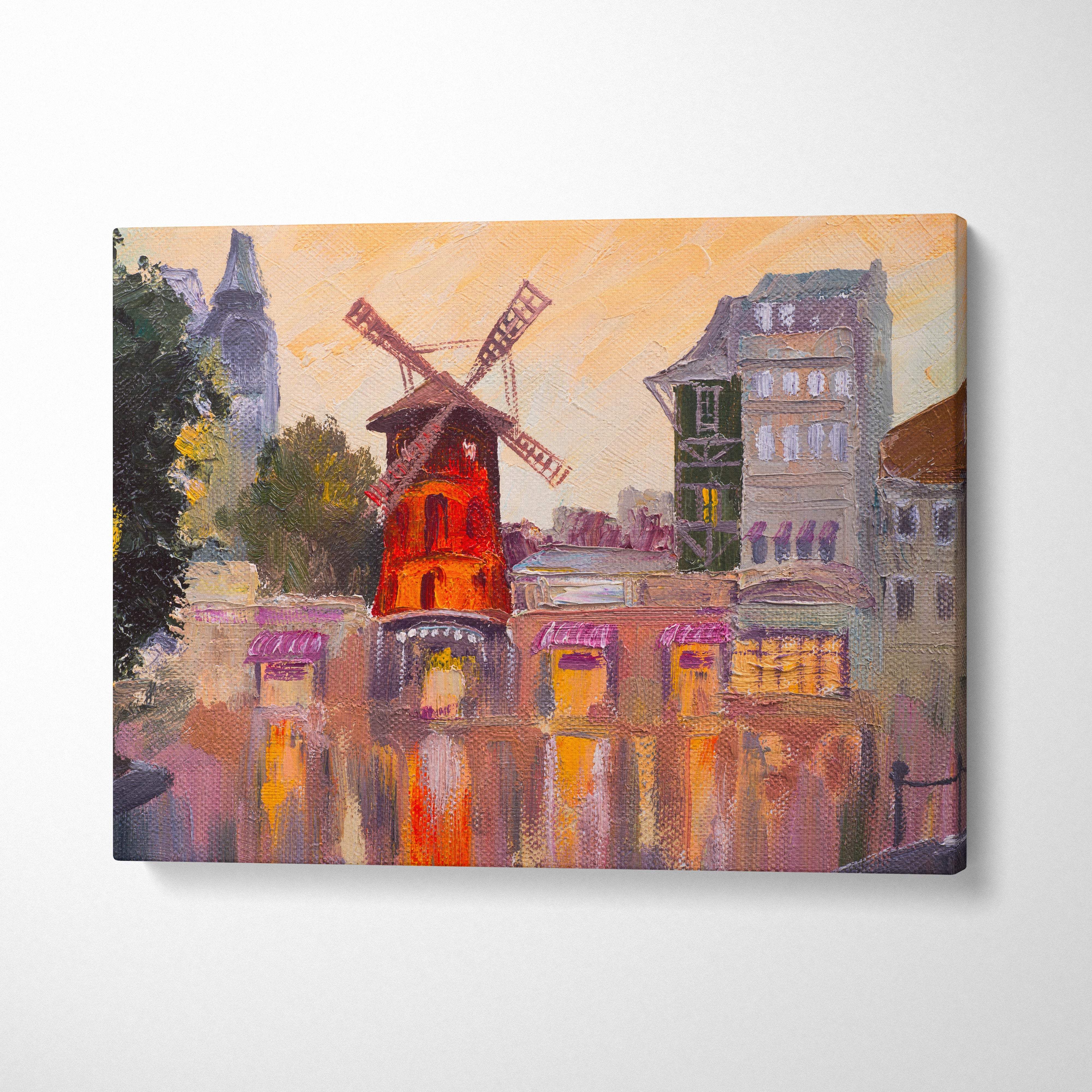 Paris windmill canvas wall art print featuring a red windmill with wooden blades and warm city street reflections