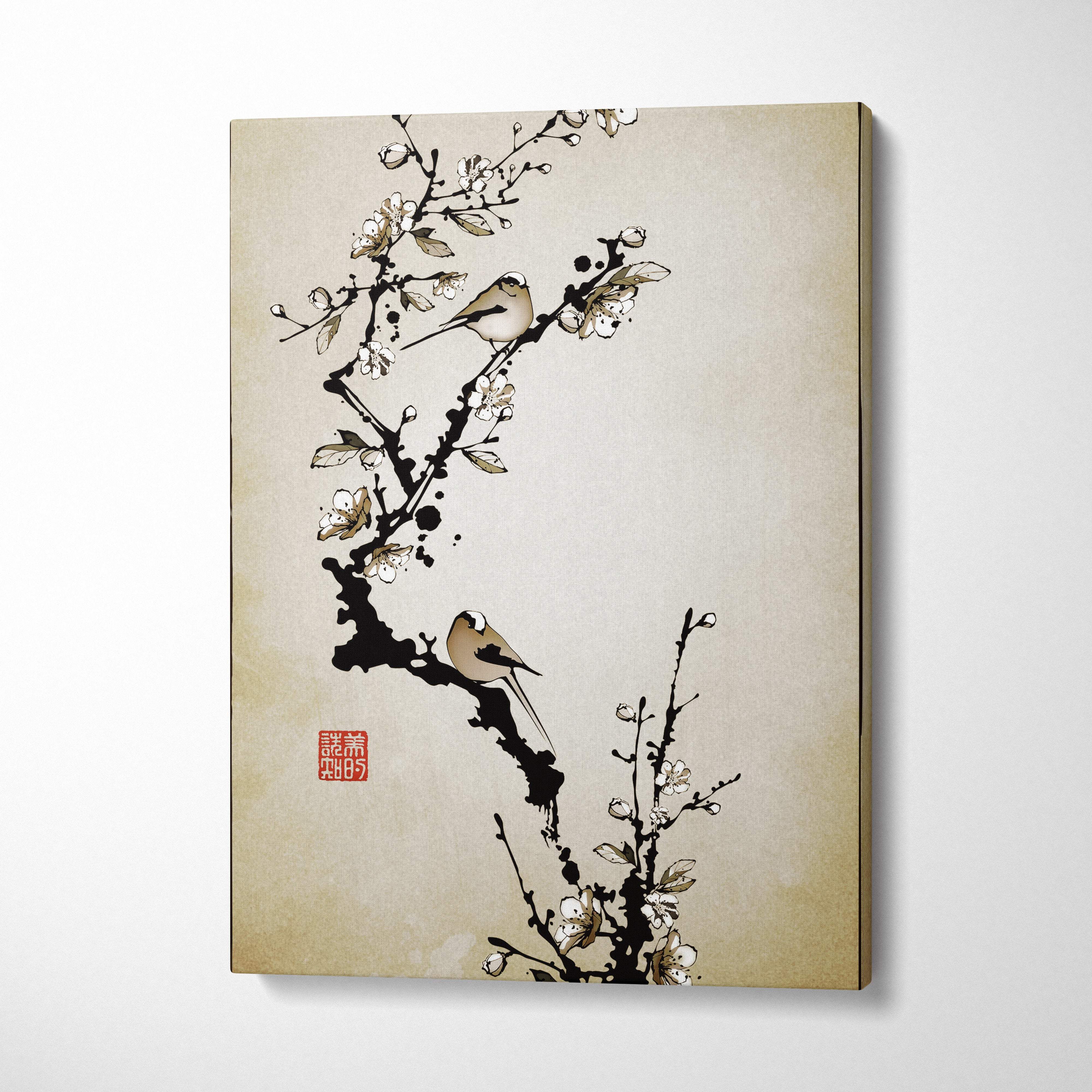 Beige canvas wall art featuring a traditional asian ink painting of two birds on white blossom branches for bedroom decor
