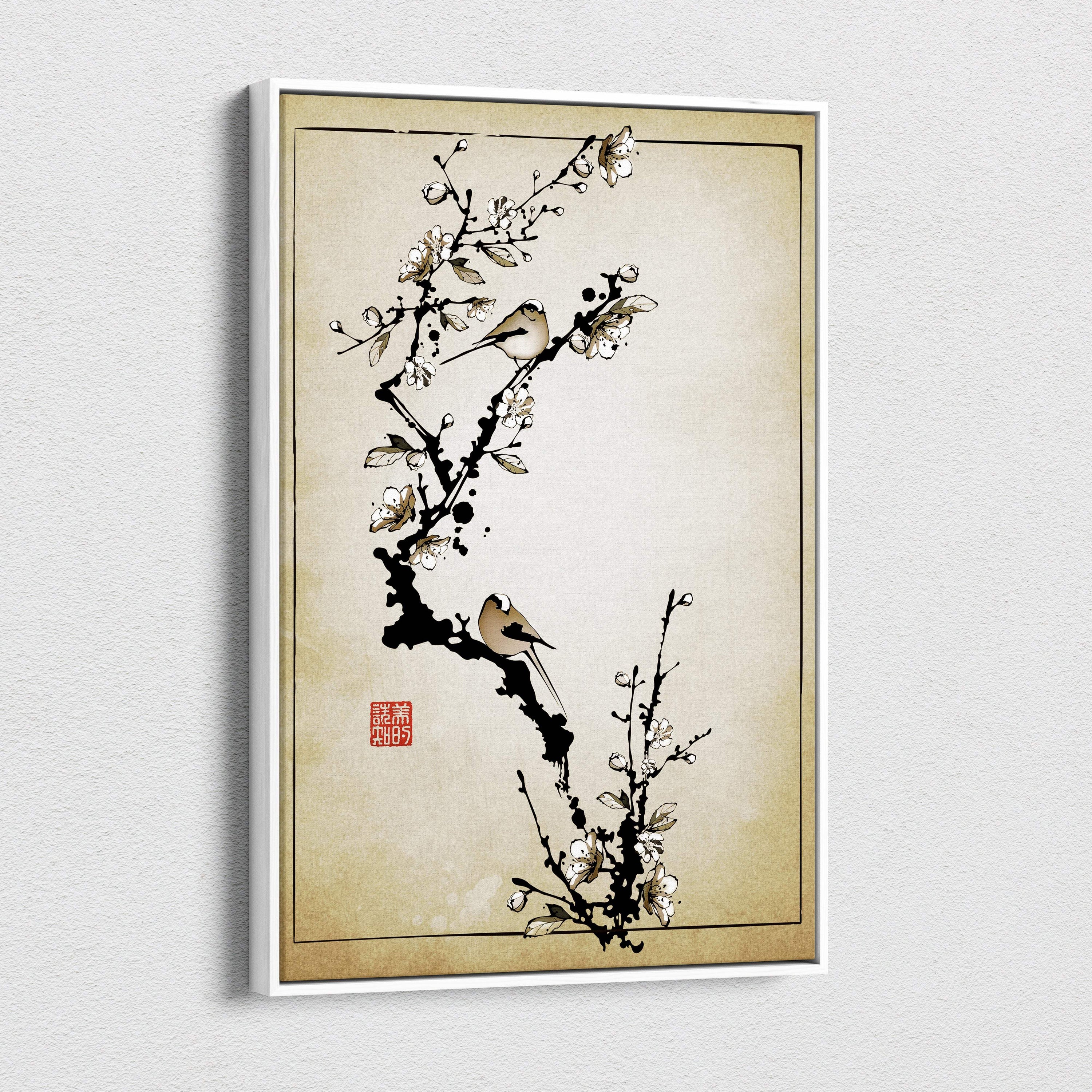 A framed beige canvas wall art of traditional east asian ink wash painting with two birds on white blossom branches