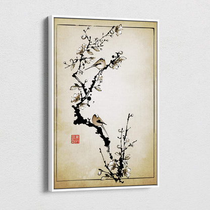A framed beige canvas wall art of traditional east asian ink wash painting with two birds on white blossom branches