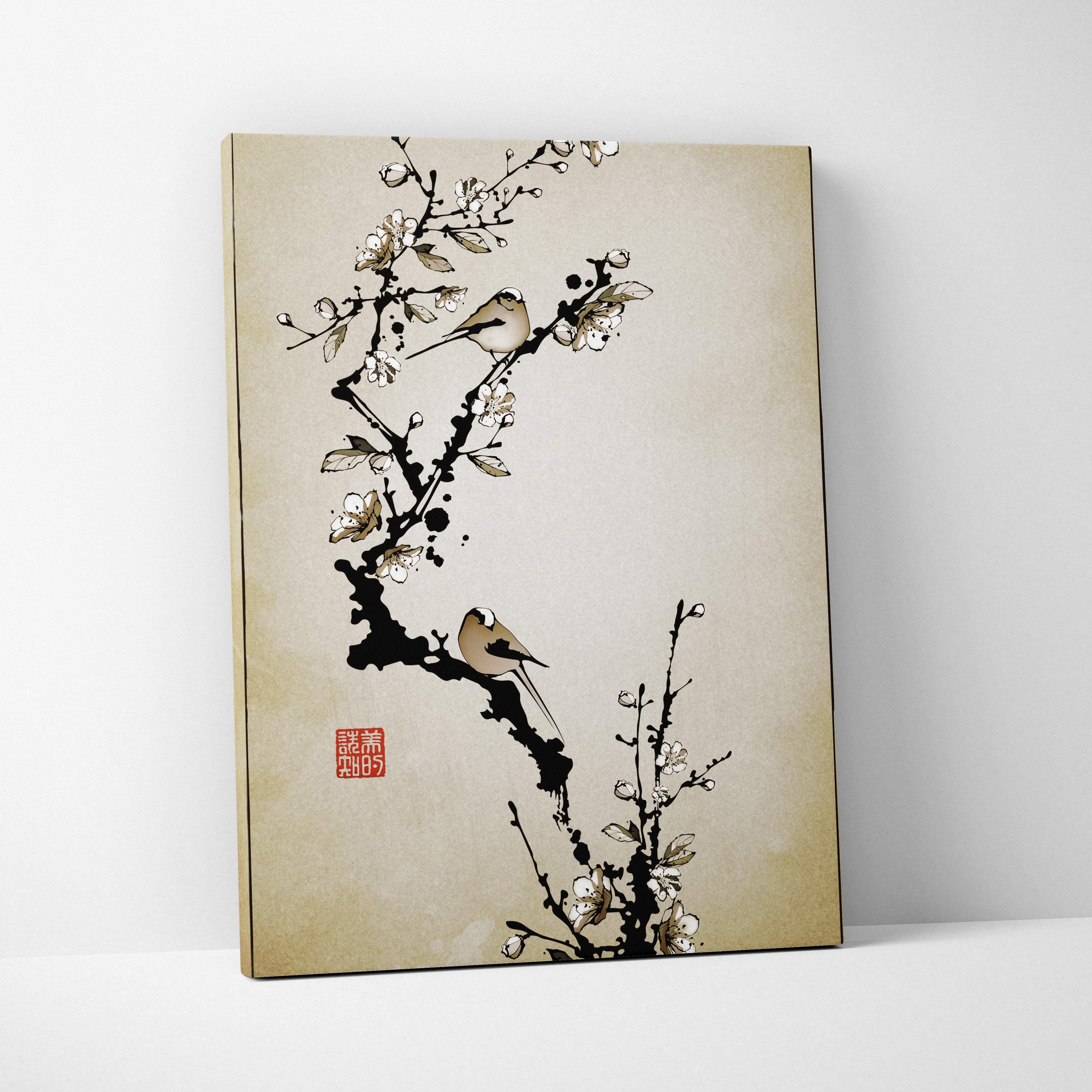Beige canvas wall art featuring traditional ink-wash painting of two birds on white blossom branches for zen decor
