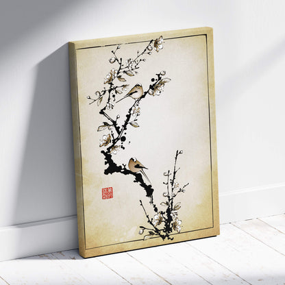 Beige canvas wall art with white blossoms black ink birds and red seal in asian ink painting style for bedroom decor