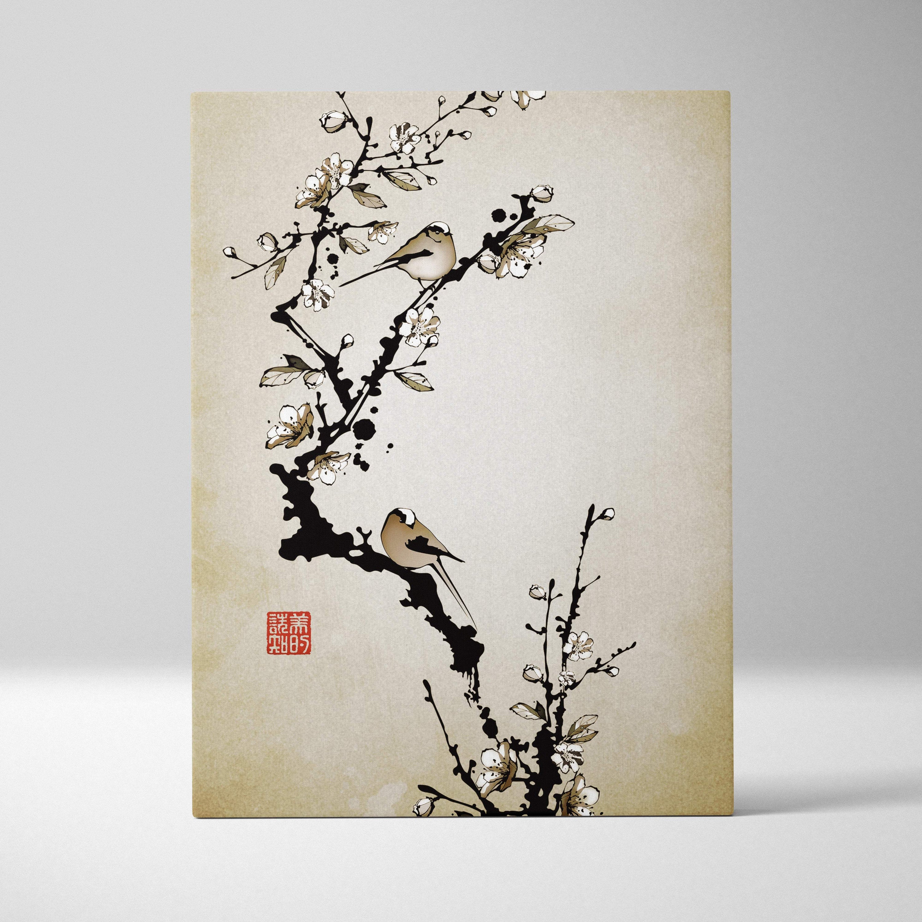 White blossom bird canvas wall art featuring beige asian ink painting of birds on blossoming branches for zen decor