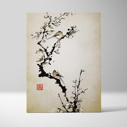 White blossom bird canvas wall art featuring beige asian ink painting of birds on blossoming branches for zen decor