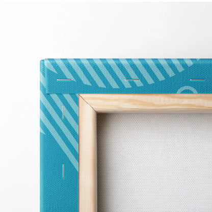 Teal canvas wall art with light blue diagonal stripes in wood frame