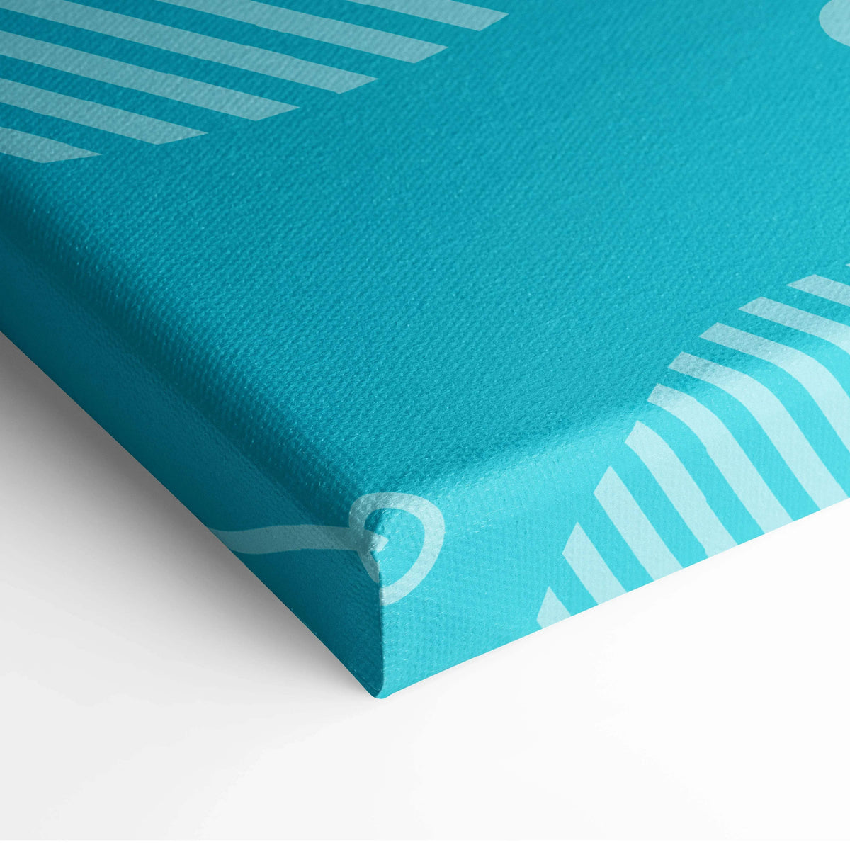 Teal canvas print with light blue geometric stripes, circles, and curved lines