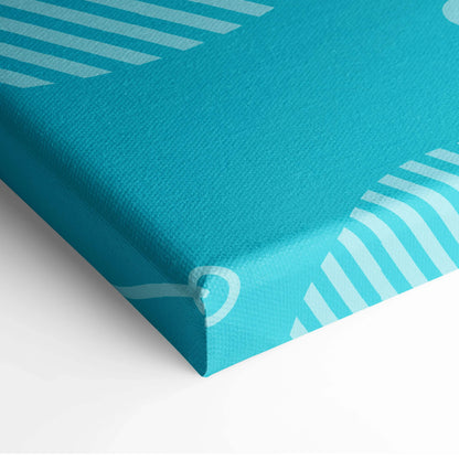 Teal canvas print with light blue geometric stripes, circles, and curved lines