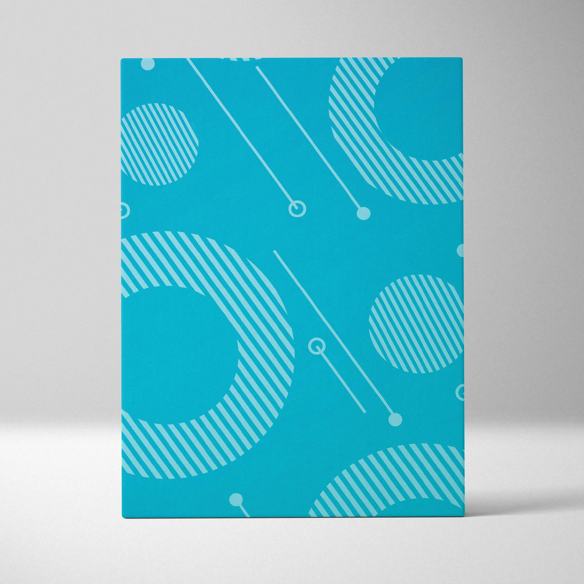 Vibrant teal abstract geometric canvas wall art with light blue circles, stripes and diagonal lines
