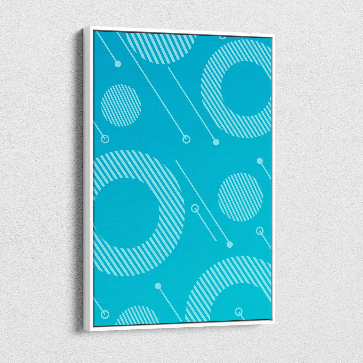 Abstract geometric canvas wall art with teal light blue circles stripes diagonal lines