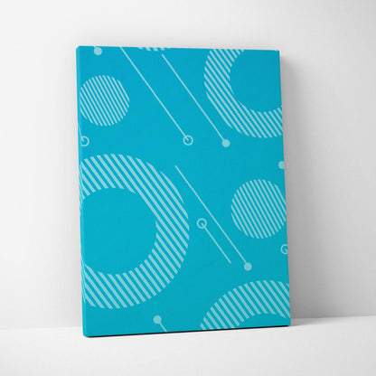 Vibrant teal abstract geometric canvas wall art with overlapping circles, stripes and diagonal lines