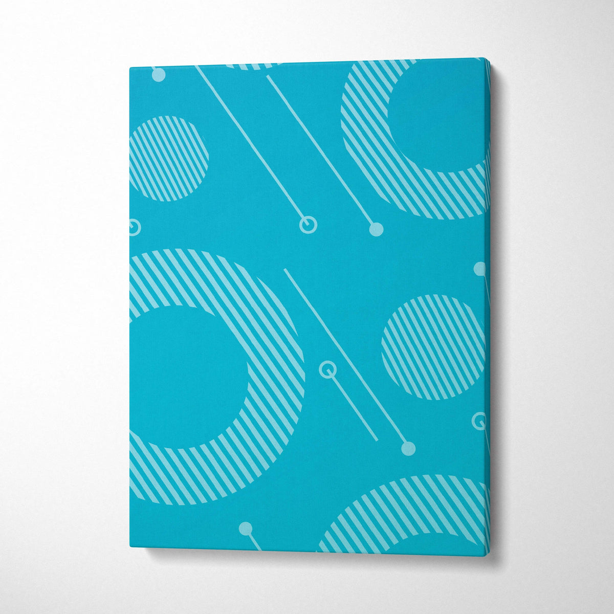 Vibrant teal abstract geometric canvas wall art with white circles, stripes, lines
