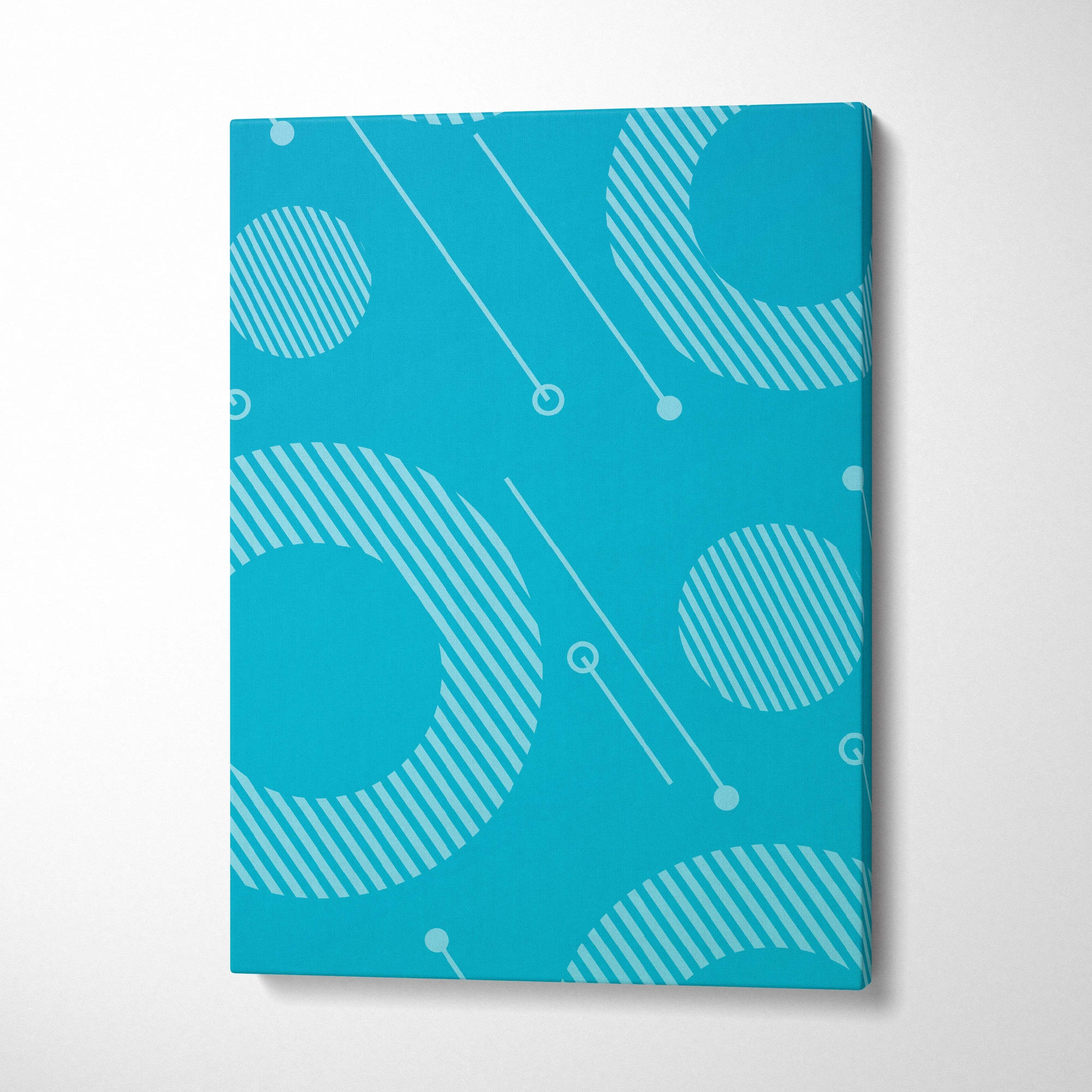 Vibrant teal abstract geometric canvas wall art with white circles, stripes, lines