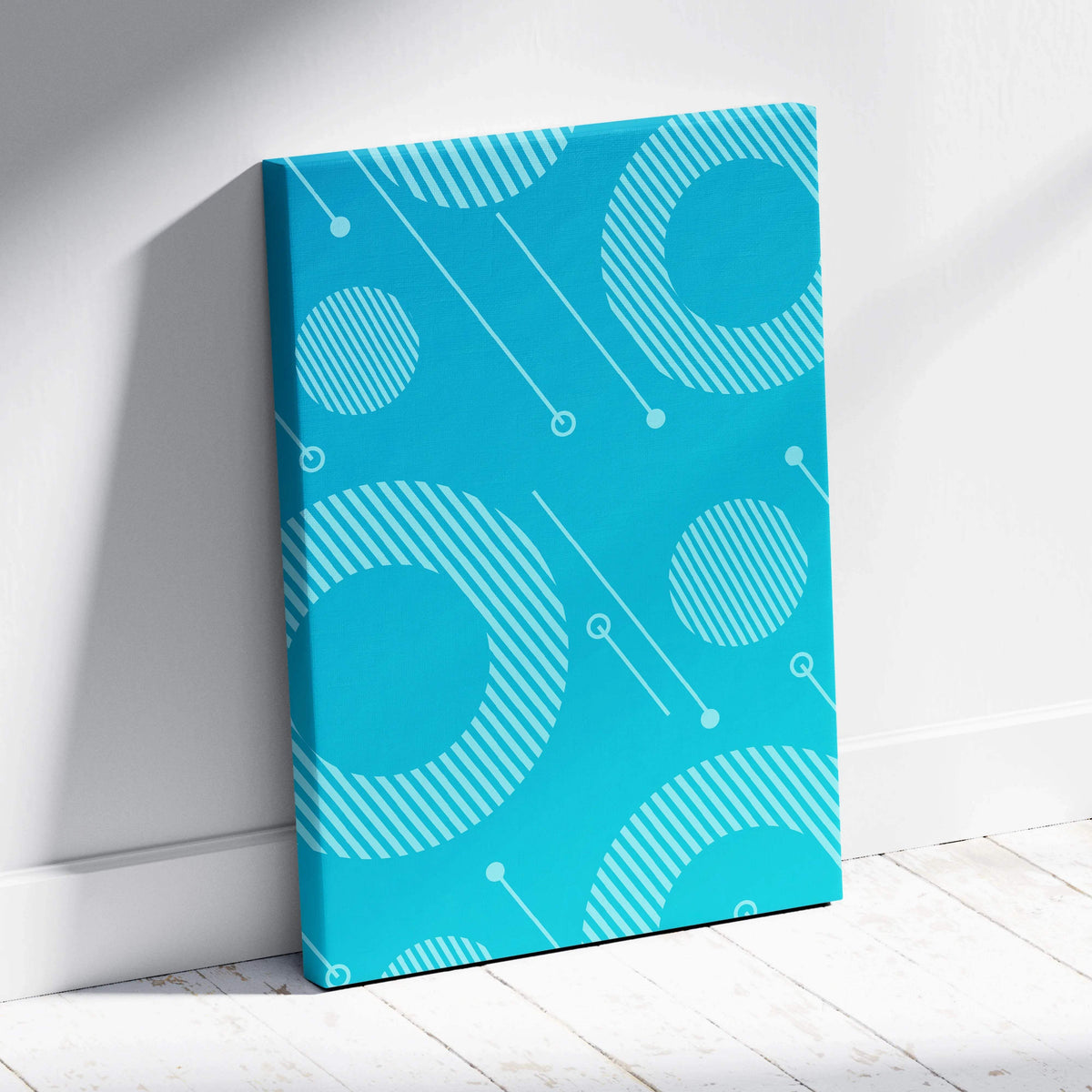 Vibrant turquoise abstract geometric canvas wall art with teal blue circles, stripes, lines