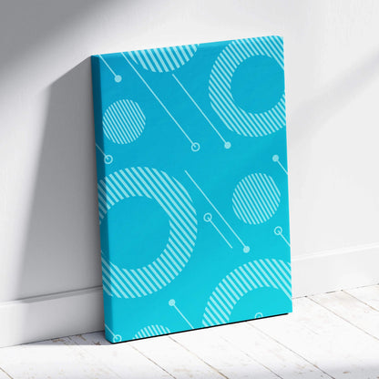 Vibrant turquoise abstract geometric canvas wall art with teal blue circles, stripes, lines