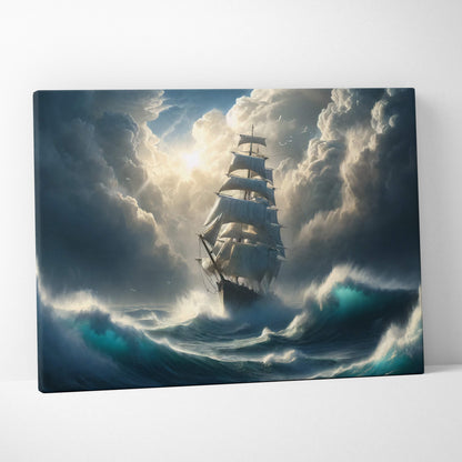 Canvas print of an epic sailing ship cutting through stormy seas under sunlit clouds dramatic ocean waves wall art