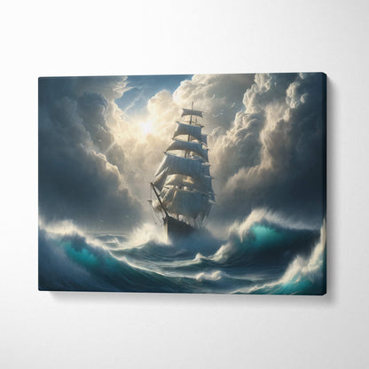 Canvas print of a majestic three-masted sailing ship cutting through teal ocean waves under dramatic swirling clouds