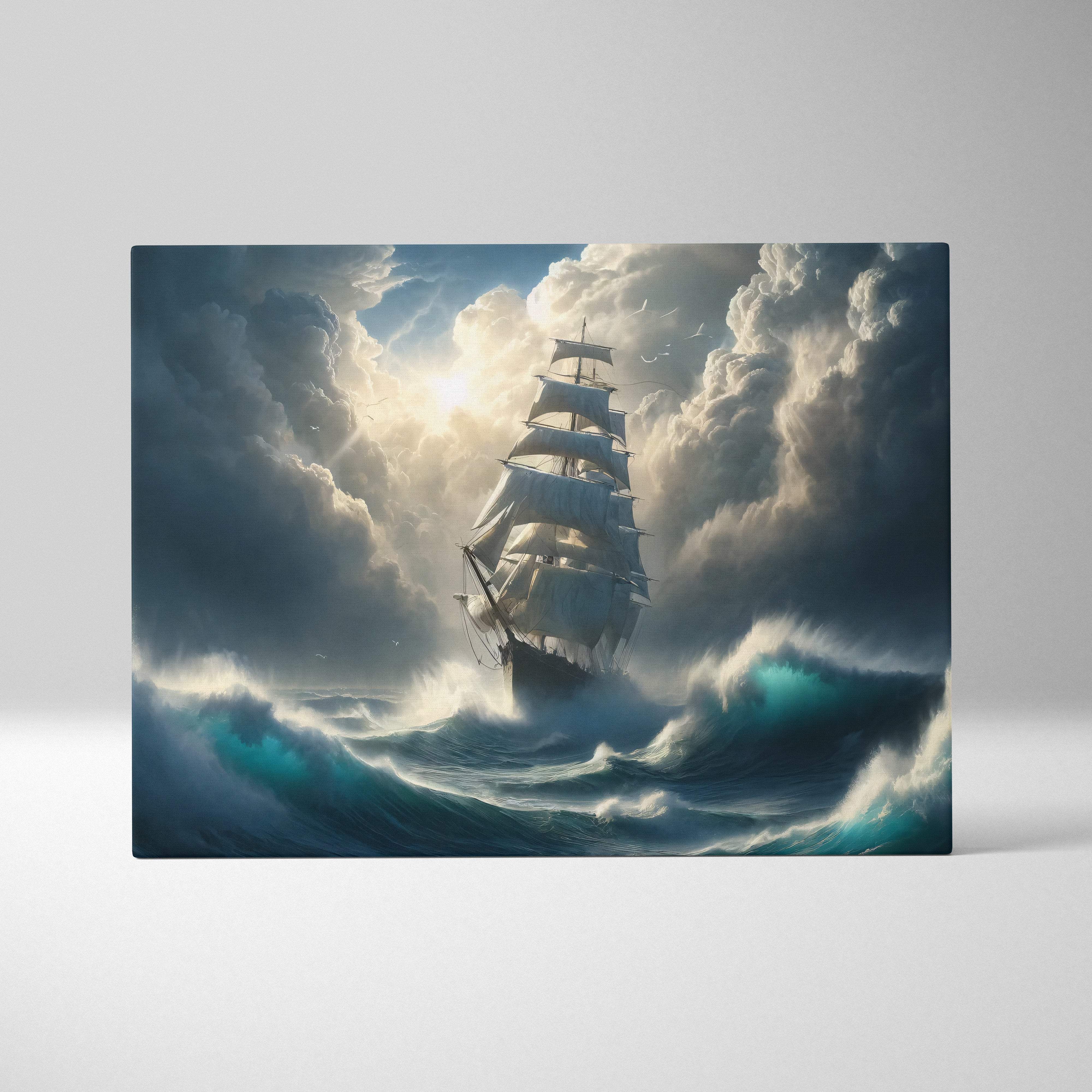 Dramatic canvas print of a tall ship with white sails battling teal waves under stormy skies for wall decor